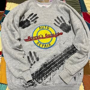 Vintage Auto Garage Repair Shop Black Tire Paint Grey Crewneck XL